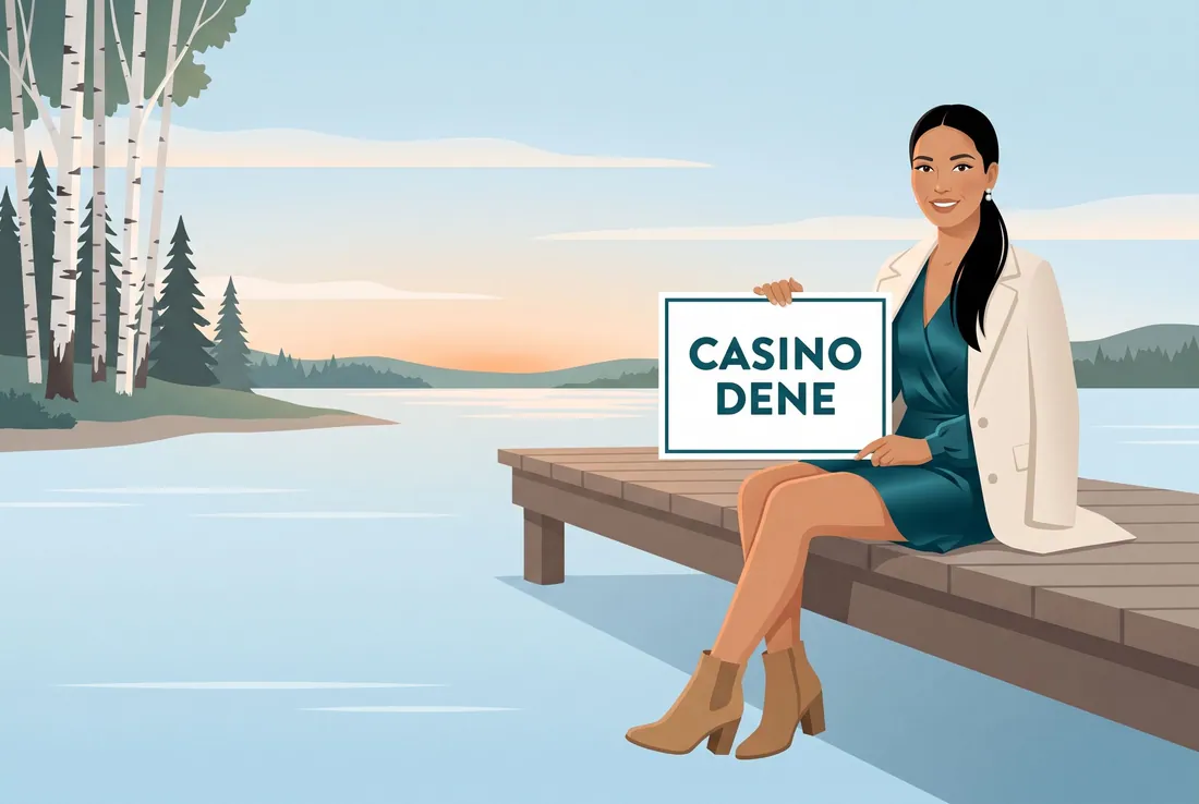 Drawing of the guide character sitting on a lake dock among birches, holding a board that says Casino Dene